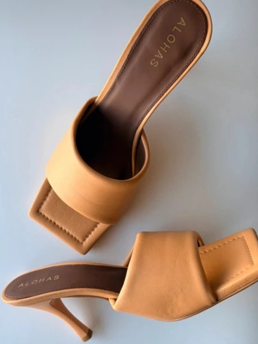 ALOHAS Puffy Square-Toe Mules in Camel Tan